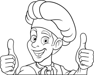 A chef or baker cartoon cook food man mascot character peeking around a sign or menu with copy space illustration