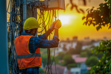 Field telecom technician fixing outdoor network cables at base tower during sunset wearing safety vest and helmet