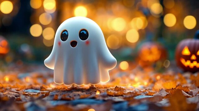 Cute ghost figurine in autumnal Halloween scene with pumpkins, use for children's Halloween designs