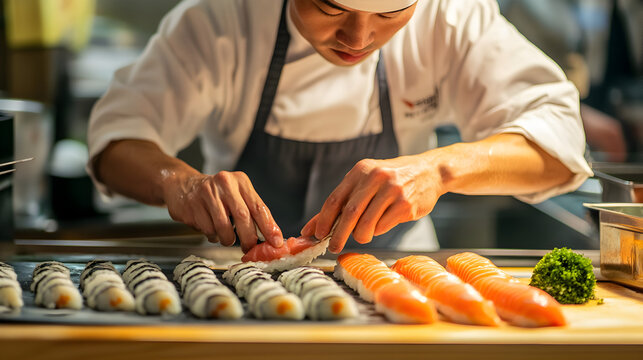 chef meticulously slicing fresh fish for beautifully arranged sushi rolls 