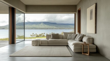 Fototapeta premium Modern living room with ocean view and large sofa