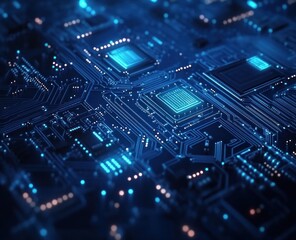 Close-up of illuminated circuit board with processors.