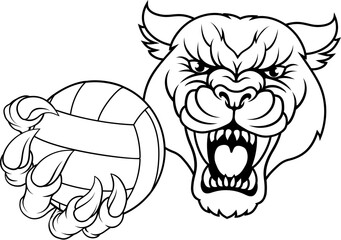 A panther, leopard or cougar wildcat cat jaguar volleyball sports mascot holding a ball