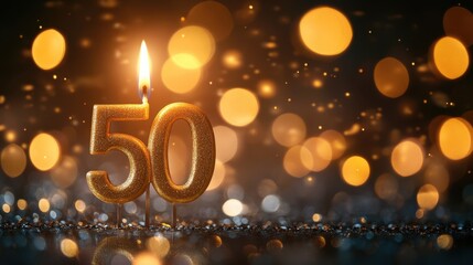 Golden 50th birthday candle glow celebration festive atmosphere close-up view joyous occasion