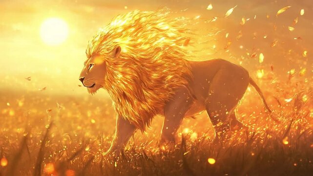 lion at sunset of the forest wild fire