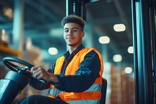 Smiling young forklift operator in warehouse distribution center