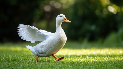White duck walking in grass, wings outstretched, natural light