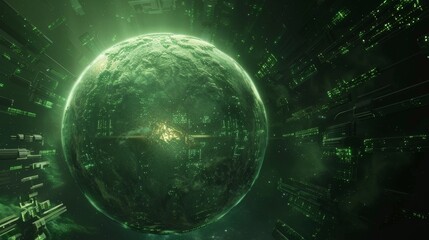 Obraz premium Futuristic digital planet featuring computer screens and network connections in a glowing green environment