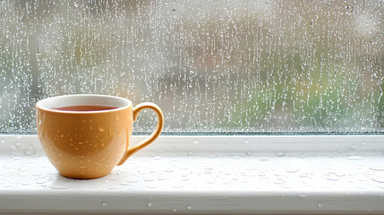 Warm tea on a rainy day.  A cozy cup of tea sits on a windowsill, perfect for a rainy day.  Water droplets cling to the windowpane