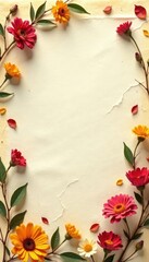 Creamy parchment, dried flowers, falling leaves, subtle crackle, vintage paper, dried, old