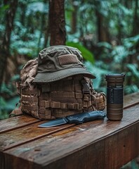 Obraz premium Survival equipment, bucket hat, backpack, camping knife, camping flashlight standing on wooden beam, jungle in background
