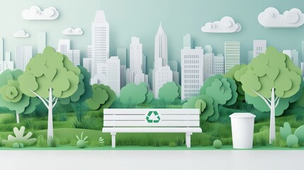 Naklejka premium Paper Art City Park, Recycling Symbol, Peaceful Scene