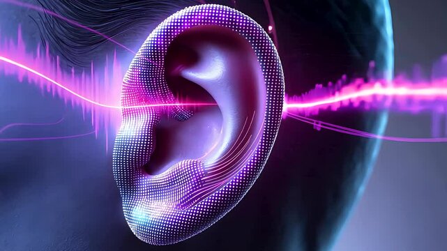 Human Ear With Digital Soundwave Signal Technology Visualization