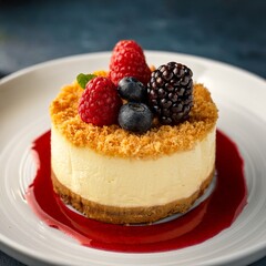 A creamy cheesecake with a golden graham cracker crust sits on a white plate, topped with fresh berries and a drizzle of sweet berry sauce