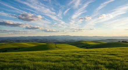 Obraz premium Rolling green hills landscape under a bright blue cloud filled sky