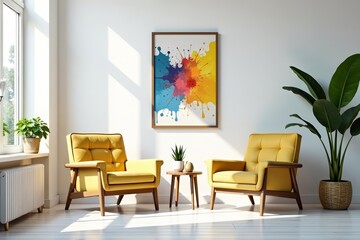 Modern white office building with cozy armchairs and inspirational poster, office, armchairs