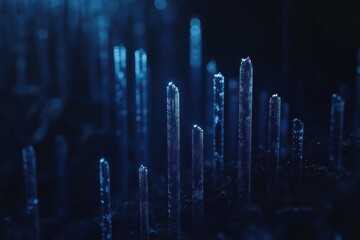 Close-up of numerous, dark-blue, crystal-like structures emerging from a dark surface, resembling a miniature forest.