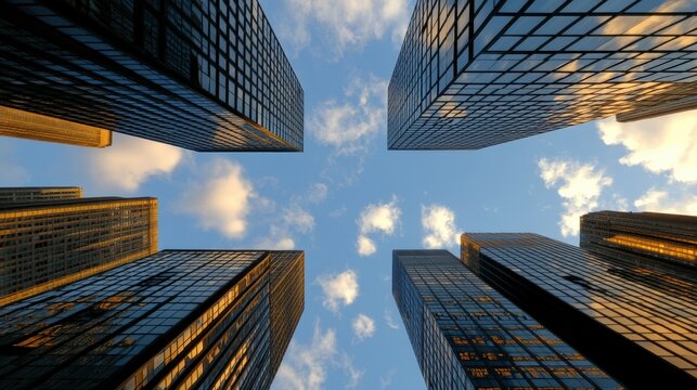 financial district skyscrapers, reflecting market data, skyscrapers in financial centers like wall street, londons and hong kongs exchanges create a distinctive skyline