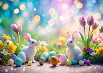 Fototapeta premium Pastel Easter Eggs & Bunnies Long Exposure Whimsical Spring Photography
