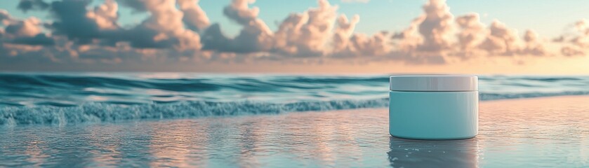 A mockup of hydrating cream jar placed on wet sand near ocean waves with warm cloudy sky in the background