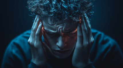 Man experiencing migraine holding head with closed eyes in dark blue lighting. Concept of mental health, stress, depression, and anxiety portrayed through dramatic shadows
