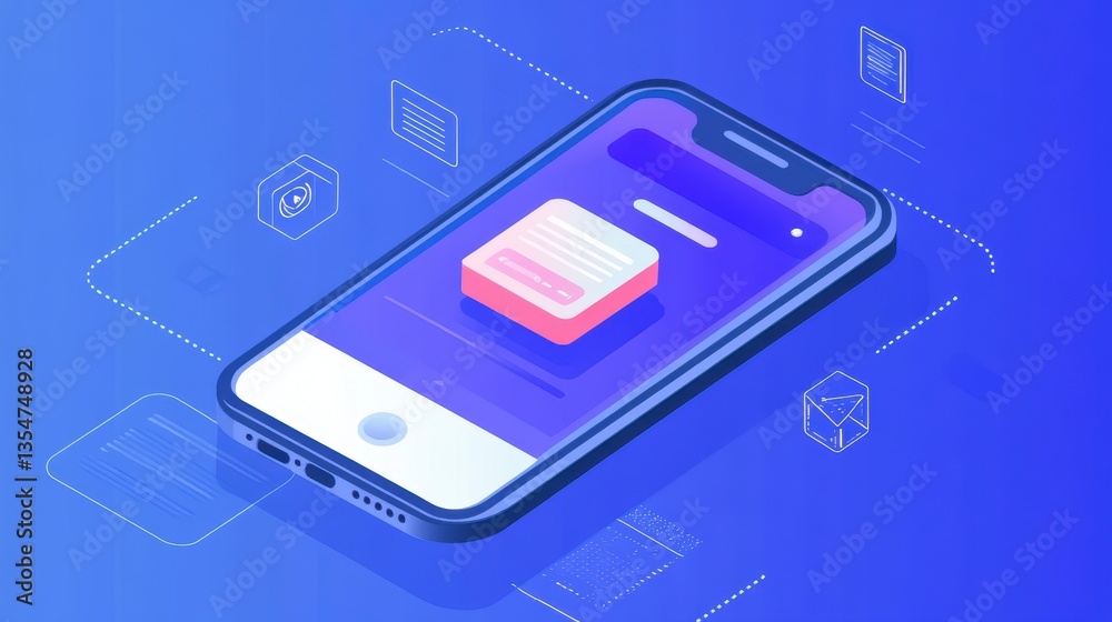 Poster Isometric illustration of smartphone displaying application interface with form.