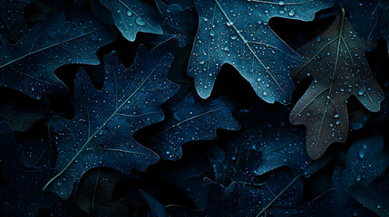 Dark, wet oak leaves.  Close-up view of many dark leaves, covered in water droplets.  Deep blues and blacks