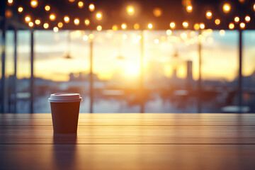 Fototapeta premium Coffee cup on wooden table at sunset, city lights blurred background. Perfect for cafe, relaxation, or morning themes.