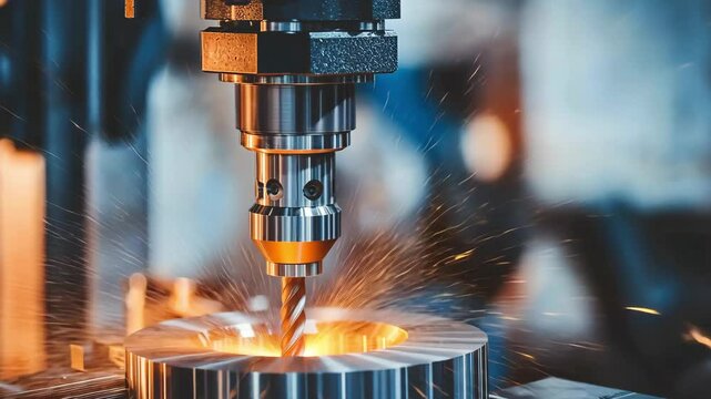 Precision metalworking tool in action showcasing a close-up of a CNC machine and drill bit, highlighting industrial craftsmanship and technology advancements.