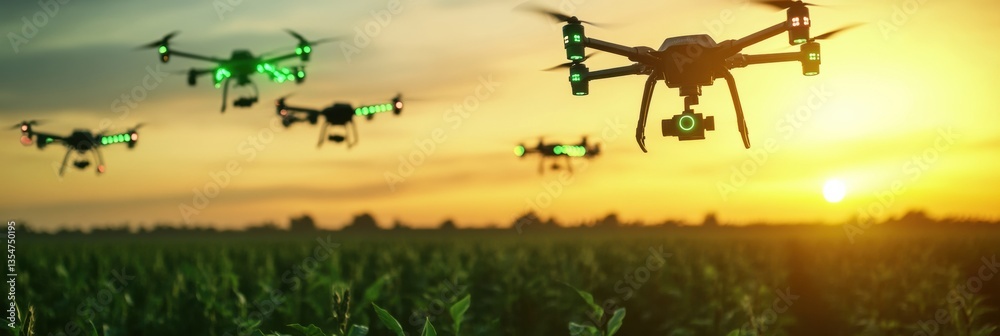 Poster futuristic drones survey green agricultural field at sunset utilizing advanced digital sensors for c