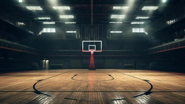 A cinematic video shot of an empty basketball court from a low angle, highlighting the dramatic lighting and expansive wooden floor.