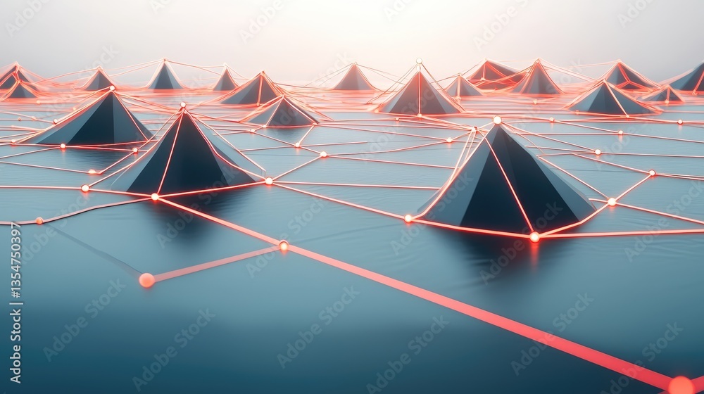 Sticker pyramids in geometric network on reflective ground for web, technology, and business concepts