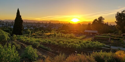 Naklejka premium Sustainable agriculture practices combat climate change for food security in urban gardens at sunset