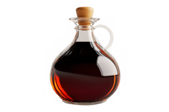 A glass bottle filled with a dark liquid and sealed with a cork on a black background space for text