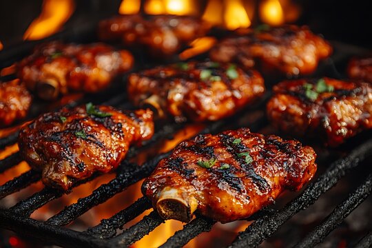 Grilled Ribs on Flaming Barbecue, Juicy Glazed Pork Riblets with Smoky Charred Texture