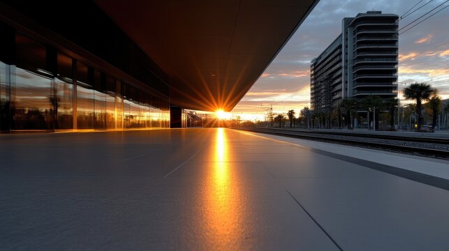 Modern architectural exterior at sunrise, showcasing a sunbeam reflecting on a paved platform. Cityscape beyond