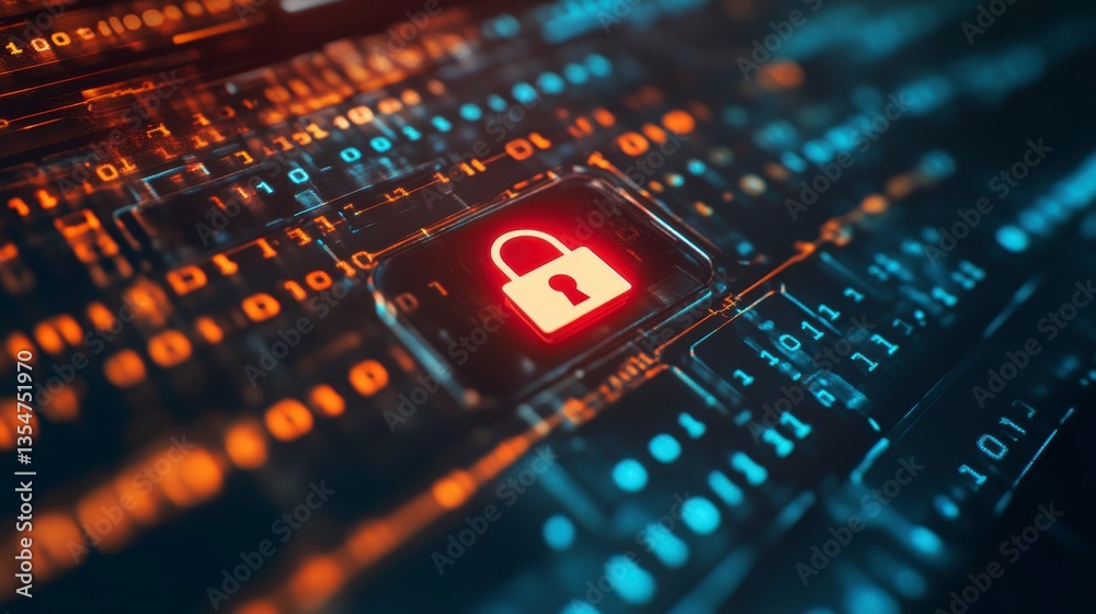 Poster Red padlock icon on digital circuit board, representing cybersecurity and data protection.