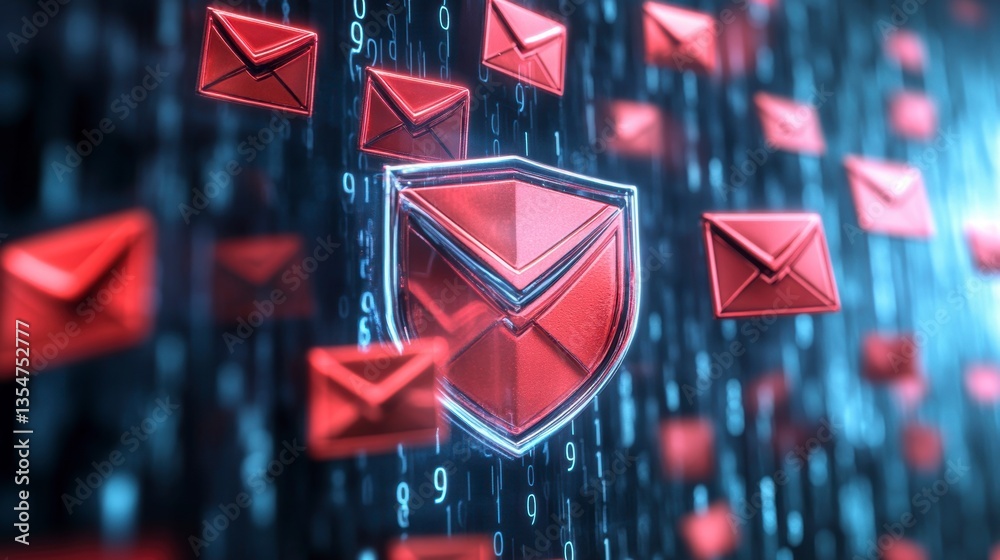 Leinwandbilder red email envelopes and shield in digital code background, representing cybersecurity and data prote