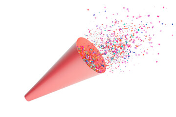 A pink party popper with confetti exploding against a black background for celebration event use