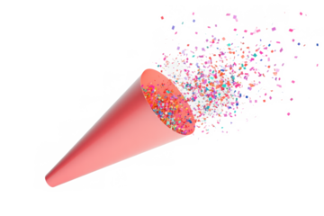 A pink party popper with confetti exploding against a black background for celebration event use