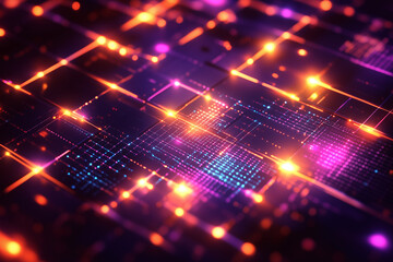 Obraz premium Abstract networked background with glowing lights and vibrant colors, showcasing futuristic digital landscape filled with interconnected grids and luminous patterns