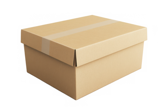 A simple closed cardboard box with tape on it sitting at an angle on a white background plain shot