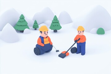 Fototapeta premium Two workers cleaning a snowy landscape