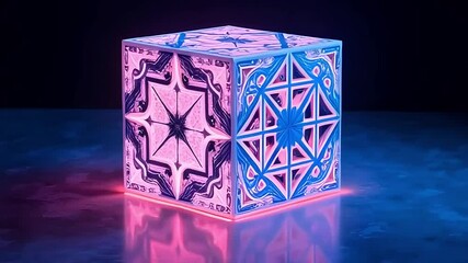 A glowing cube rotates and shifts in an endless Escher-like animation.
 - Powered by Adobe
