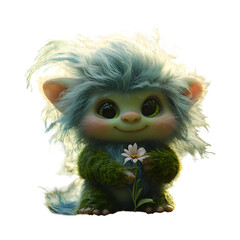 A Fluffy 3D Cartoon Baby Troll with Soft Mossy Look Isolated on Transparent Background