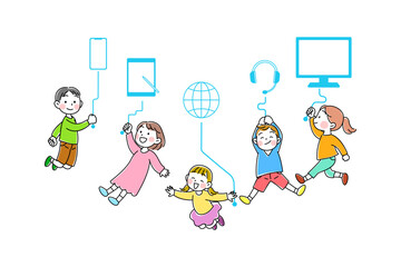 デジタル社会でつながる子供たちのイラスト