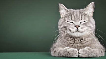 Fluffy Gray Cat Relaxing with Closed Eyes on Green Background