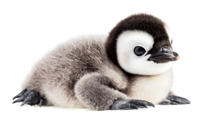 A baby penguin is lying on its back with its head up