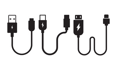 Variety of Modern Charging Cables for Mobile Devices, cable Technology and gadget, micro usb cable, black isolated silhouette