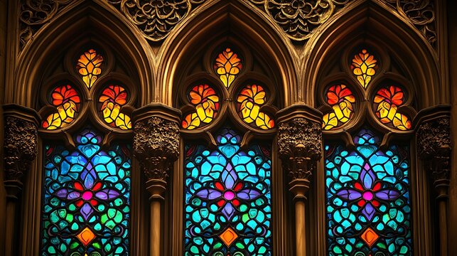Professional design of ornamental glass highlighting stained glass panels with vibrant colors and filigree style framing in gothic architecture